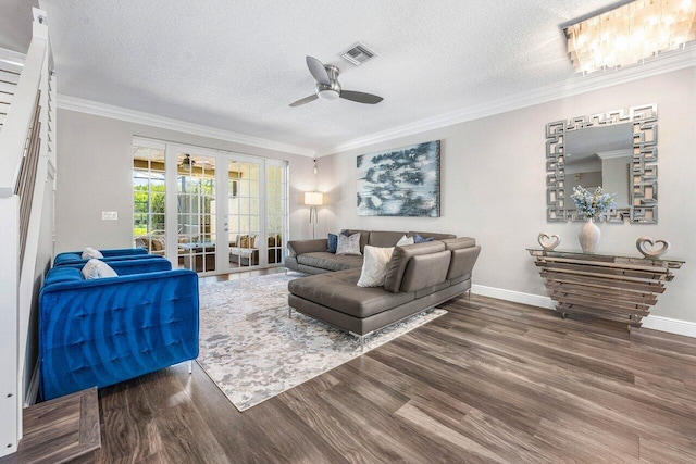 9961 Marsala Way, Delray Beach, FL 33446 - living room with ceiling fan, wood finished floors, ornamental molding, baseboards, and a textured ceiling