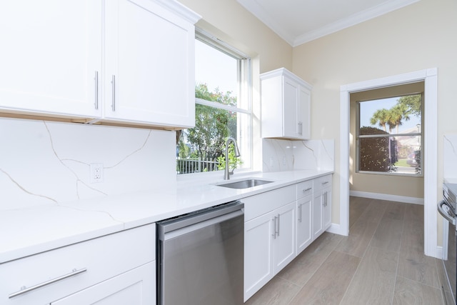 2608 SW Greenwich Way, Palm City, FL 34990 - kitchen featuring dishwasher, decorative backsplash, ornamental molding, white cabinets, and light stone counters