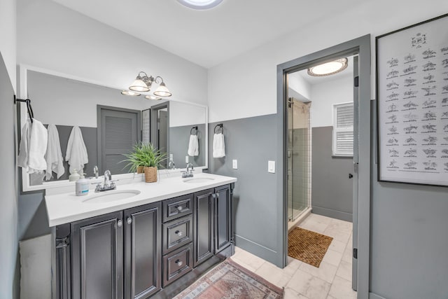 354 Country Club Dr, Tequesta, FL 33469 - full bath with double vanity, a shower stall, a chandelier, and baseboards