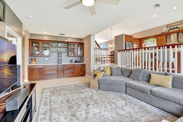 1503 NW 159th Ln, Pembroke Pines, FL 33028 - living room featuring a chandelier, light tile patterned floors, ceiling fan, a textured ceiling, and recessed lighting