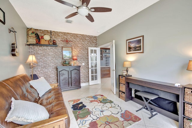 1503 NW 159th Ln, Pembroke Pines, FL 33028 - living room featuring brick wall, a ceiling fan, light tile patterned flooring, and french doors