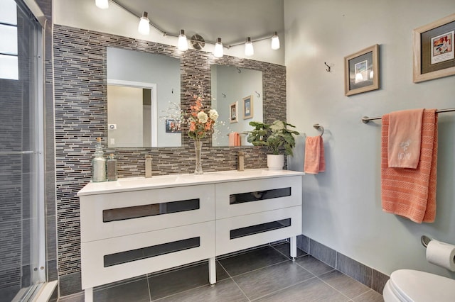 1503 NW 159th Ln, Pembroke Pines, FL 33028 - full bathroom with tile patterned flooring, double vanity, tasteful backsplash, a stall shower, and track lighting