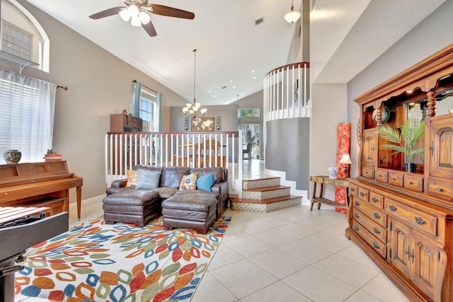 1503 NW 159th Ln, Pembroke Pines, FL 33028 - living area with a chandelier, a ceiling fan, light tile patterned floors, and high vaulted ceiling