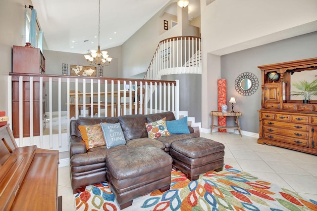 1503 NW 159th Ln, Pembroke Pines, FL 33028 - living room with tile patterned flooring, high vaulted ceiling, a chandelier, and baseboards