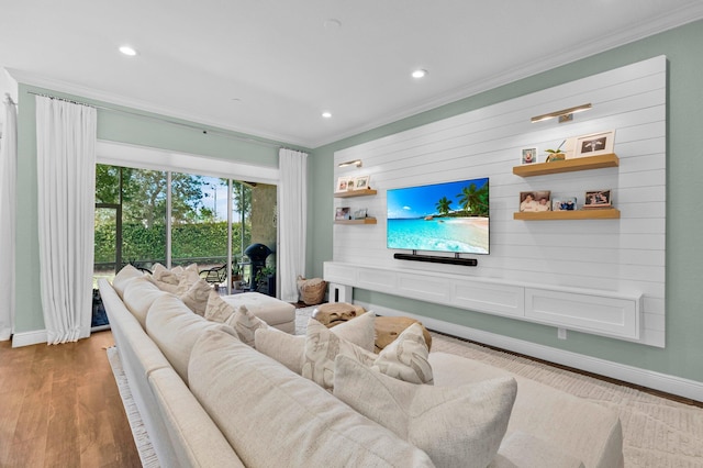49 Lancaster Rd, Boynton Beach, FL 33426 - living area with crown molding, recessed lighting, light wood-style flooring, and wooden walls