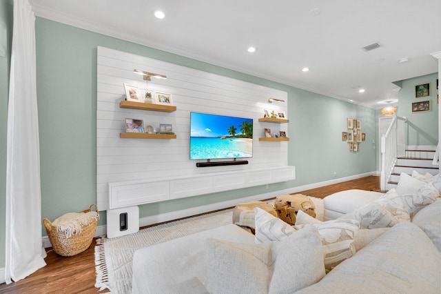 49 Lancaster Rd, Boynton Beach, FL 33426 - living area featuring ornamental molding, recessed lighting, wood finished floors, and stairs