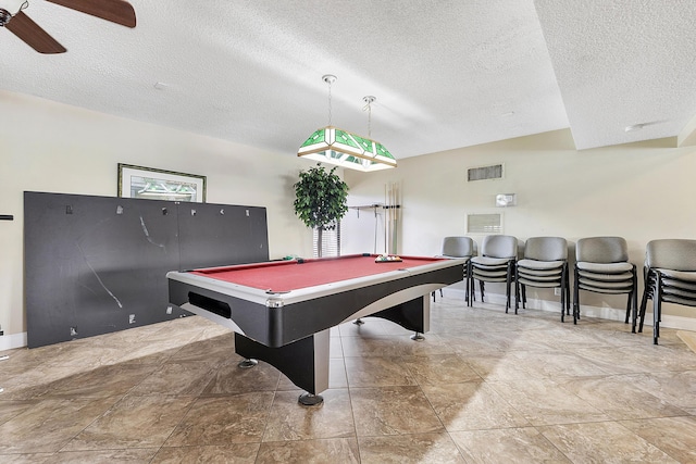 6612 Spring Bottom Way Unit 186, Boca Raton, FL 33433 - playroom with a textured ceiling, pool table, a ceiling fan, baseboards, and lofted ceiling