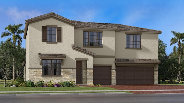 6783 Cobia Cir, Boynton Beach, FL 33437 - view of front facade with stone siding, an attached garage, stucco siding, and driveway