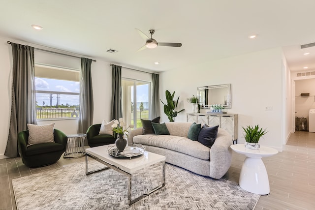 6783 Cobia Cir, Boynton Beach, FL 33437 - living area featuring ceiling fan, recessed lighting, washer / dryer, and wood finished floors