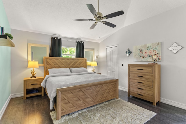 1262 SW Hunnicut Ave, Port Saint Lucie, FL 34953 - bedroom featuring baseboards, vaulted ceiling, dark wood-type flooring, and a ceiling fan