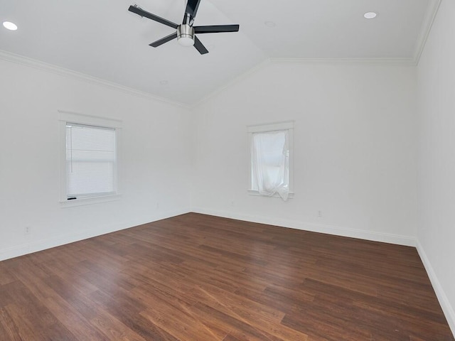 3416 Atlantic Blvd, Vero Beach, FL 32960 - spare room featuring ceiling fan, lofted ceiling, ornamental molding, wood finished floors, and baseboards