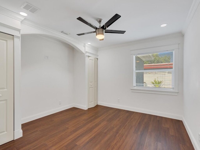 3416 Atlantic Blvd, Vero Beach, FL 32960 - empty room with dark wood finished floors, ceiling fan, baseboards, ornamental molding, and recessed lighting