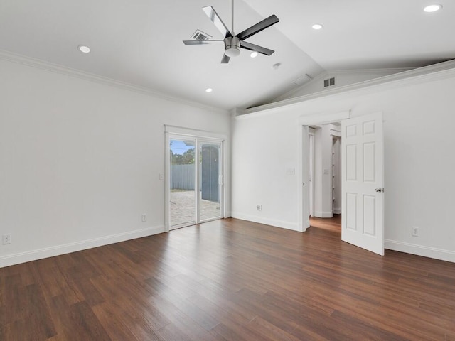 3416 Atlantic Blvd, Vero Beach, FL 32960 - unfurnished bedroom featuring access to outside, recessed lighting, lofted ceiling, dark wood-style floors, and baseboards