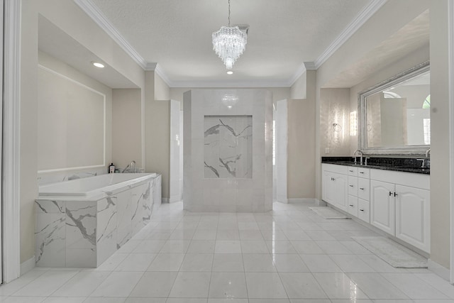 5036 NW 24th Cir, Boca Raton, FL 33431 - bathroom with ornamental molding, a garden tub, vanity, a chandelier, and tile patterned floors
