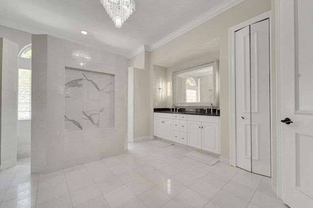5036 NW 24th Cir, Boca Raton, FL 33431 - bathroom featuring crown molding, a marble finish shower, double vanity, tile patterned flooring, and plenty of natural light