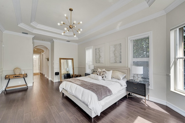 5036 NW 24th Cir, Boca Raton, FL 33431 - bedroom with arched walkways, multiple windows, crown molding, a raised ceiling, and a chandelier
