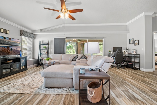 462 SW Sundance Trl, Port Saint Lucie, FL 34953 - living area with a ceiling fan, an office area, vaulted ceiling, baseboards, and crown molding