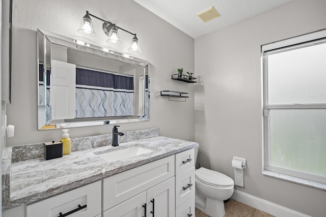 462 SW Sundance Trl, Port Saint Lucie, FL 34953 - bathroom featuring vanity, toilet, healthy amount of natural light, a shower with shower curtain, and a textured ceiling