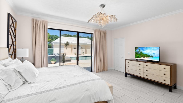 11354 Old Harbour Rd, North Palm Beach, FL 33408 - bedroom with access to outside, crown molding, a chandelier, and baseboards