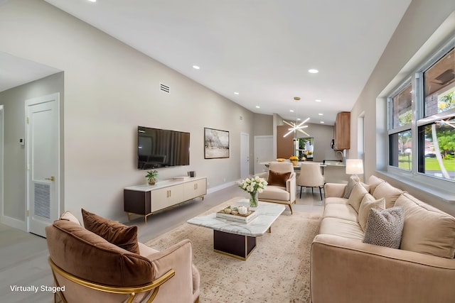 8164 Sweetbriar Way, Boca Raton, FL 33496 - living area with recessed lighting, baseboards, a chandelier, high vaulted ceiling, and a heating unit