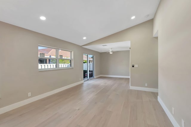 8164 Sweetbriar Way, Boca Raton, FL 33496 - empty room with light wood-style floors, lofted ceiling, a ceiling fan, baseboards, and recessed lighting