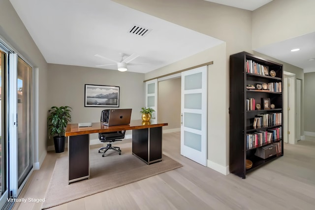 8164 Sweetbriar Way, Boca Raton, FL 33496 - office area with light wood-style flooring, baseboards, a ceiling fan, and recessed lighting