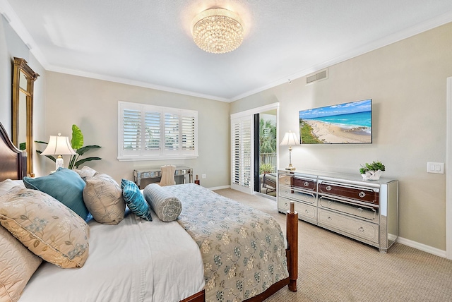 370 Golfview Rd Unit 304, North Palm Beach, FL 33408 - bedroom with light colored carpet, crown molding, baseboards, and a chandelier