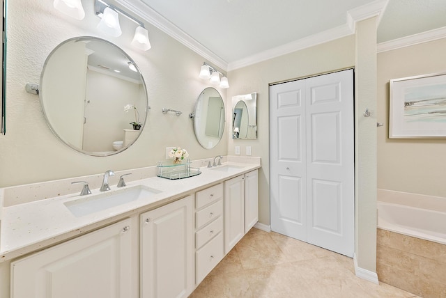 370 Golfview Rd Unit 304, North Palm Beach, FL 33408 - full bathroom featuring crown molding, double vanity, a garden tub, and tile patterned floors