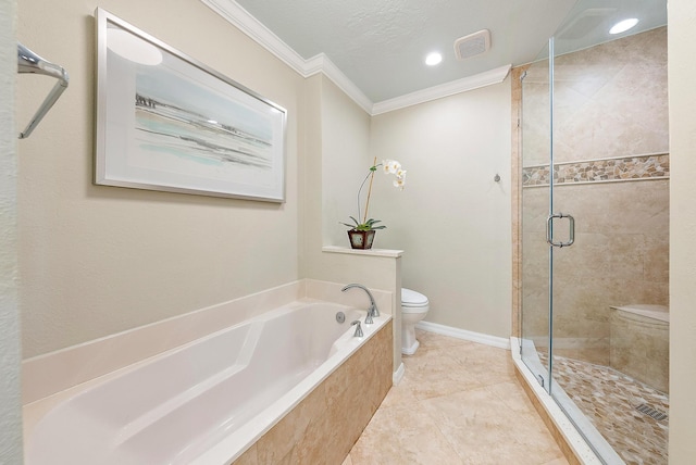370 Golfview Rd Unit 304, North Palm Beach, FL 33408 - full bathroom featuring toilet, crown molding, a bath, a stall shower, and tile patterned floors