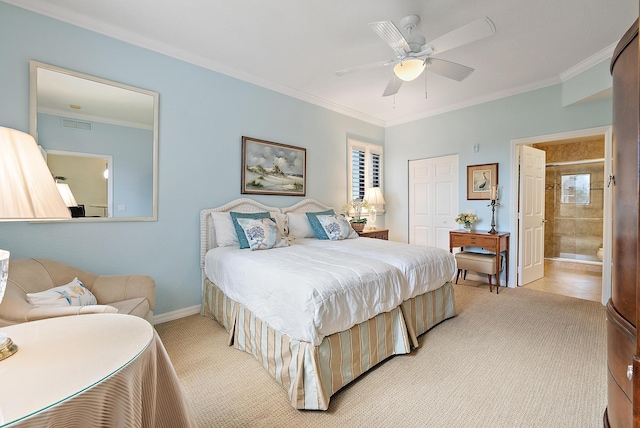 370 Golfview Rd Unit 304, North Palm Beach, FL 33408 - bedroom featuring a closet, crown molding, light carpet, baseboards, and connected bathroom