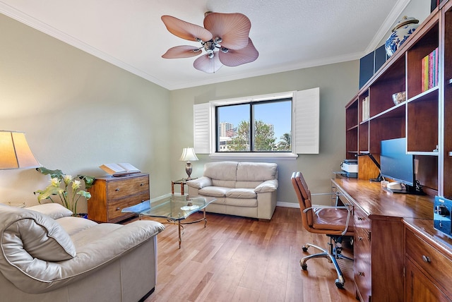 370 Golfview Rd Unit 304, North Palm Beach, FL 33408 - office with ceiling fan, crown molding, light wood-style flooring, and baseboards