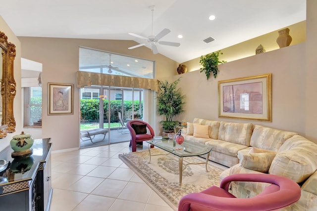 7714 Las Cruces Ct, Boynton Beach, FL 33437 - living room with ceiling fan, light tile patterned flooring, high vaulted ceiling, baseboards, and recessed lighting