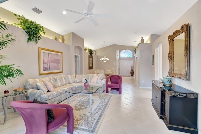 7714 Las Cruces Ct, Boynton Beach, FL 33437 - living area with lofted ceiling, light tile patterned floors, a ceiling fan, a chandelier, and arched walkways