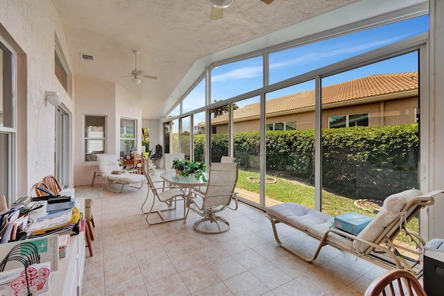 7714 Las Cruces Ct, Boynton Beach, FL 33437 - sunroom / solarium with ceiling fan, outdoor dining area, and vaulted ceiling