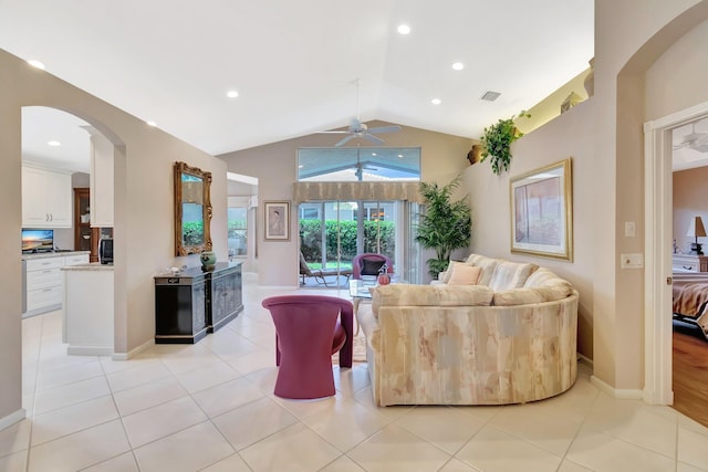 7714 Las Cruces Ct, Boynton Beach, FL 33437 - living area featuring a ceiling fan, lofted ceiling, arched walkways, baseboards, and recessed lighting
