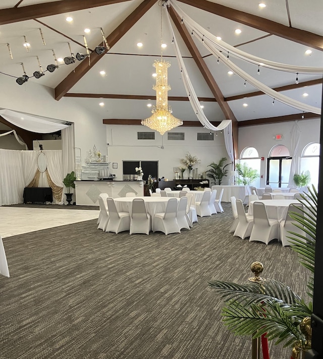 3590 Via Poinciana Unit 303, Lake Worth, FL 33467 - carpeted dining room with beamed ceiling, high vaulted ceiling, a chandelier, and recessed lighting