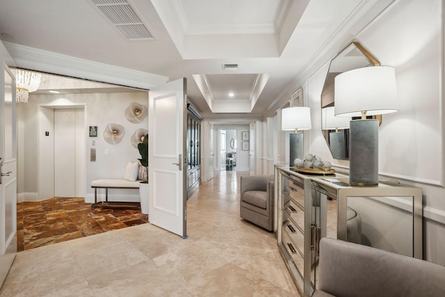 5050 N Ocean Dr Unit 701, Singer Island, FL 33404 - hall featuring elevator, a tray ceiling, and ornamental molding