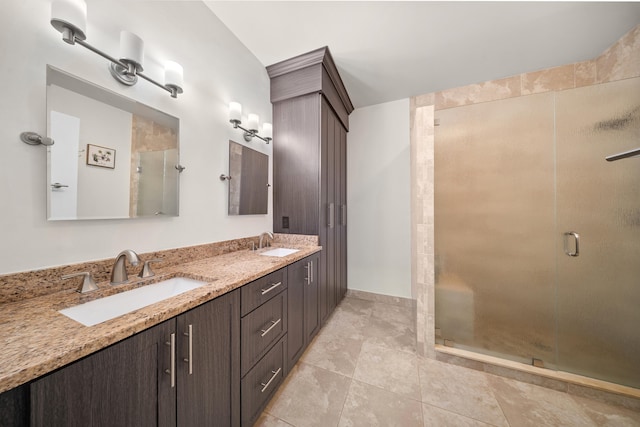 7903 Plantation Lakes Dr NW, Port Saint Lucie, FL 34986 - bathroom featuring double vanity, a stall shower, and tile patterned flooring
