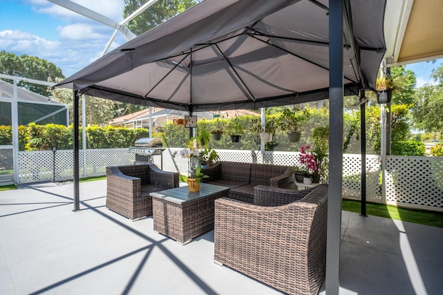 9132 Sun Terrace Cir Unit D, Palm Beach Gardens, FL 33403 - view of patio / terrace featuring a gazebo, an outdoor hangout area, area for grilling, and glass enclosure