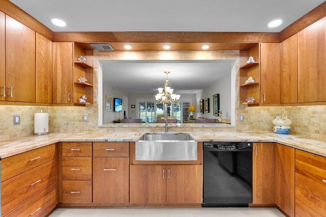 9628 Pavarotti Ter Unit 101, Boynton Beach, FL 33437 - kitchen with dishwasher, open shelves, a sink, a chandelier, and brown cabinetry