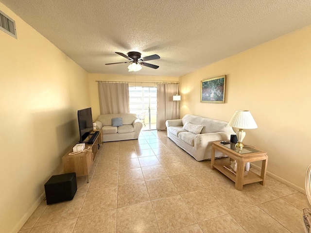 709 Lori Dr Unit 301, Palm Springs, FL 33461 - living room with light tile patterned flooring, ceiling fan, a textured ceiling, and baseboards