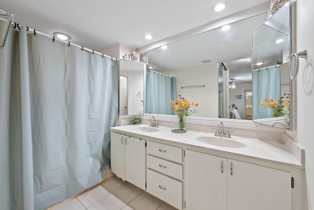 506 5th Ter, Palm Beach Gardens, FL 33418 - bathroom featuring tile patterned flooring, double vanity, ceiling fan, recessed lighting, and curtained shower