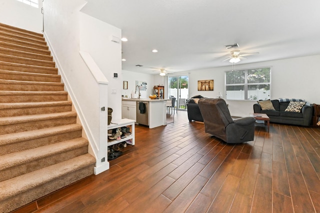 6143 Wildfire Way, West Palm Beach, FL 33415 - living room with ceiling fan, stairs, dark wood finished floors, and recessed lighting