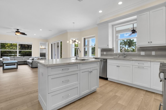 6688 Duckweed Rd, Lake Worth, FL 33449 - kitchen featuring a sink, stainless steel dishwasher, ceiling fan, light wood-style flooring, and recessed lighting