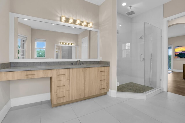 6688 Duckweed Rd, Lake Worth, FL 33449 - full bath with a stall shower, vanity, tile patterned floors, recessed lighting, and baseboards