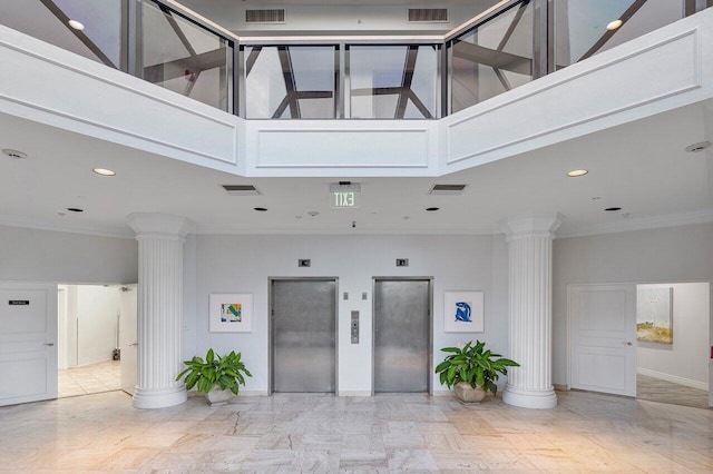 2401 N Ocean Blvd Unit 2N, Boca Raton, FL 33431 - common area featuring a high ceiling, ornamental molding, and recessed lighting