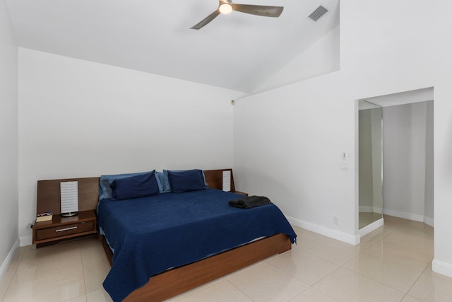 6607 NW 25th Way, Boca Raton, FL 33496 - tiled bedroom featuring baseboards, a ceiling fan, and high vaulted ceiling