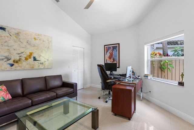 6607 NW 25th Way, Boca Raton, FL 33496 - office with baseboards, high vaulted ceiling, a ceiling fan, and light tile patterned flooring