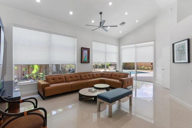6607 NW 25th Way, Boca Raton, FL 33496 - living room featuring ceiling fan, light tile patterned floors, recessed lighting, baseboards, and high vaulted ceiling