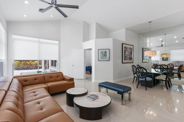 6607 NW 25th Way, Boca Raton, FL 33496 - living room featuring high vaulted ceiling, a ceiling fan, baseboards, and recessed lighting
